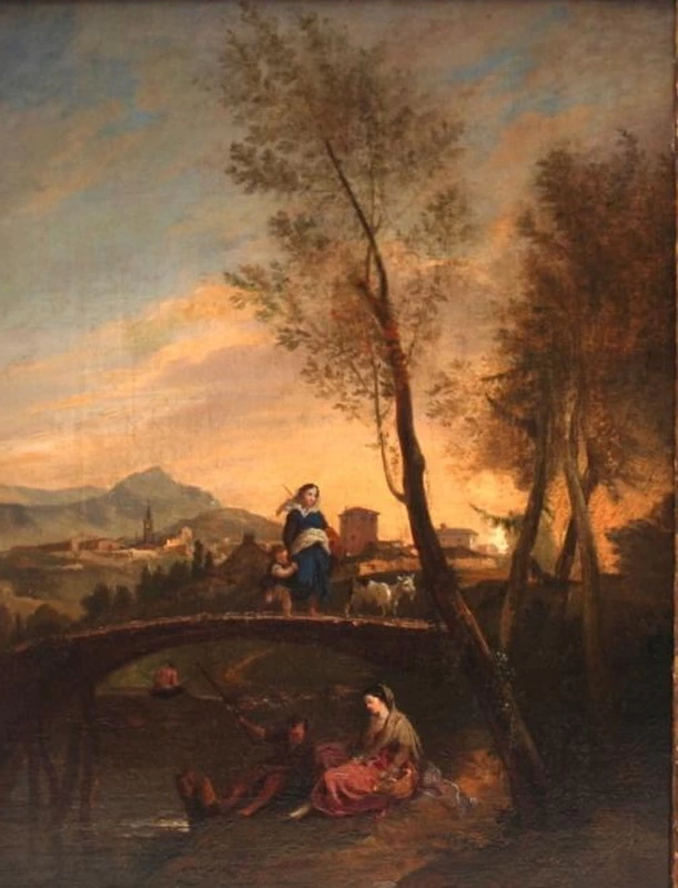 Paesaggio con ponte e personaggi